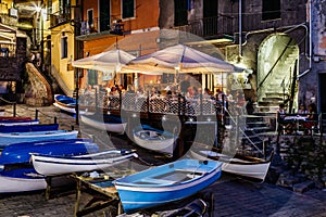 Illuminated Street of Riomaggiore in Cinque Terre at Night