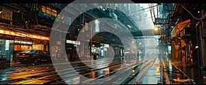 Illuminated streets at night during the rain, capturing the essence of city life and architecture