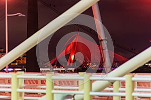The illuminated structure of the Seri Saujana Bridge at Putrajaya, Malaysia