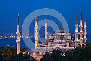 Illuminated Sultan Ahmed Mosque at the blue hour photo