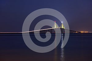 Illuminated Sunshine Skyway Bridge At Night, Full Length