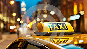 Illuminated Taxi Sign on Roof Car in Night City With Bokeh Effect - Generative Ai
