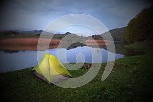 Illuminated tent by the Biviere Lake in Nebrodi Park