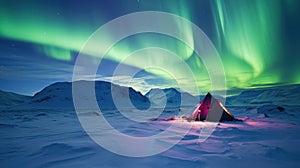 Illuminated tent under northern lights in snowy landscape