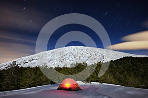 Illuminated Tent Under The Winter Etna Mountain, Sicily