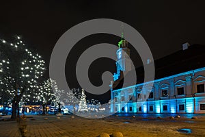 Illuminated town hall in Kaunas Lithuania Christmas night scene