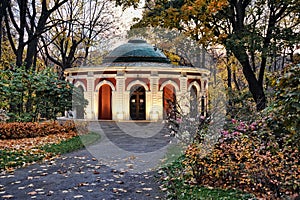 Illuminated Trubetskoy Hunting Lodge in Golden Autumn