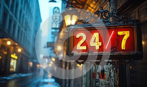 Illuminated vintage 24 7 sign hanging on a rainy evening, glowing warmly to advertise constant availability and non-stop