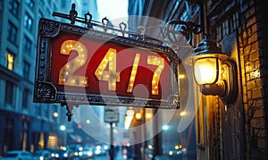 Illuminated vintage 24 7 sign hanging on a rainy evening, glowing warmly to advertise constant availability and non-stop