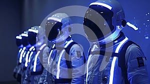 illuminated visors standing in a row against a dark background