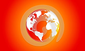 Illuminated volumetric planet earth view of america europe africa on a bright beautiful gradient orange background