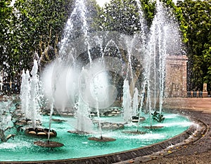 Illuminated water features in front of Palais des Congress in Perpignan, France