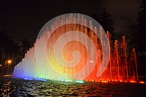 Illuminated water fountains in the Circuito Magico de Agua. Lima Peru