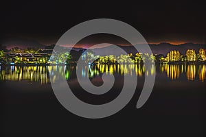 Illuminated  West Lake Reflection Night Lights Hangzhou Zhejiang China