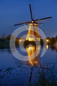 Illuminated windmill at Kinderdijk, The Netherlands