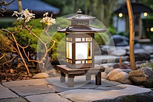 Illuminated Wooden Lantern in Tranquil Garden at Dusk