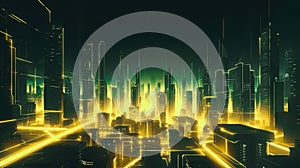 illuminated Yellow Neon Futuristic Metaverse Skyscraper city, for technology advertisement banner.