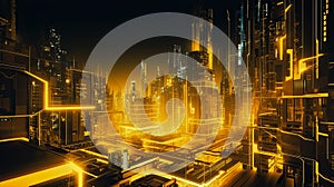 illuminated Yellow Neon Futuristic Metaverse Skyscraper city, for technology advertisement banner.