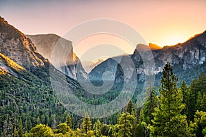 Illuminated Yosemite Valley view from the Tunnel Entrance to the Valley at Sunrise, Yosemite National Park