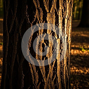 Illuminates the textured bark of a tree trunk creating a striking