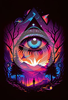 Illuminati eye psychedelic cartoon illustration with vibrant colors