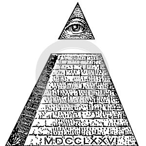 Illuminati symbols bill, masonic sign, all seeing eye vector. One dollar, pyramid. New world order. photo