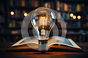 Illuminating knowledge Glowing bulb enhances books wisdom, symbolizing inventive inspiration