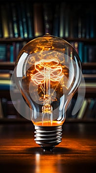 Illuminating knowledge Glowing bulb enhances books wisdom, symbolizing inventive inspiration