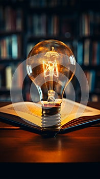 Illuminating knowledge Glowing bulb enhances books wisdom, symbolizing inventive inspiration