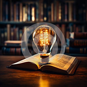 Illuminating knowledge Glowing bulb enhances books wisdom, symbolizing inventive inspiration