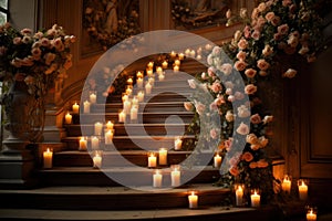 Illuminating Stairs candles flowers. Generate Ai photo