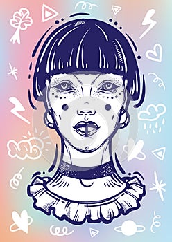 Illusatration of a mystic gothic girl without eyes. High-detailed vector artwork isolated. Doodle signs around. Beautiful witch.