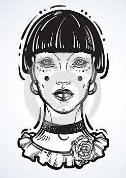 Illusatration of a mystic gothic girl without eyes. High-detailed vector artwork in linear style isolated. Beautiful witch.