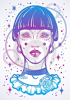 Illusatration of a mystic gothic girl without eyes. High-detailed vector artwork in linear style isolated. Beautiful witch.