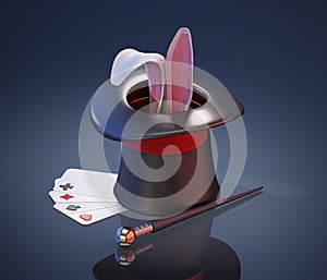 Illusionist hat, stick, playing cards and rabbit ears on black background. 3D illustration