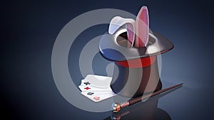 Illusionist hat, stick, playing cards and rabbit ears on black background. 3D illustration