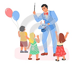 Illusionist making magic show for kids vector illustration