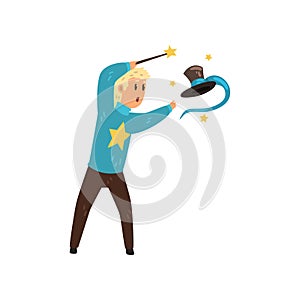 Illusionist performing focus with cylinder hat. Magician showing trick using magic stick. Flat vector design