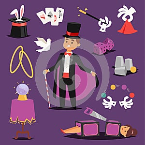 Illusionist vector magic man and saw woman on scene icons bunny, hat, ball fantasy witchcraft magic theater. Wizard hat