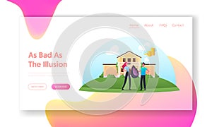 Illusions and Fraud Cheating Landing Page Template. Female Character Giving to Man Sack with Grass, he Think it is Money