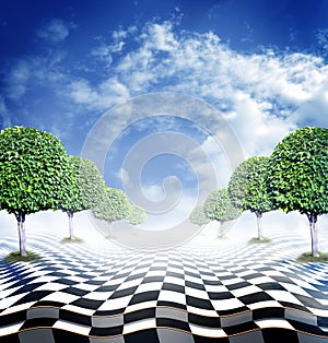 Illusive chess surface with green trees photo