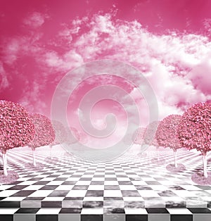 Illusive chess surface with pink trees photo