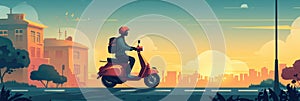 Illusration of motorcyclist rides on the road at sunset. Banner 3:1