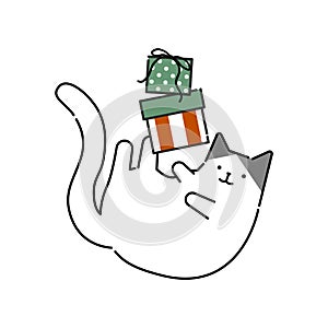 Illustaration of an amusing cat with Christmas gift box