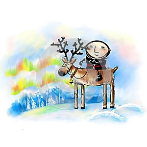 Illustartion with laplander on a reindeer.