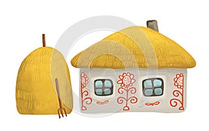 Illustartion of old small house with two windows and thatched roof with a stack of hay isolated on white background