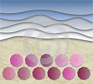 Illustation of beach scene with parasols, sand and waves