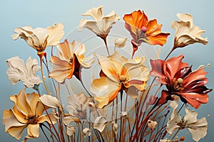 Illustrait pictures of many long-stemmed flowers, warm tones, look warm, light orange, dark orange, brick color, light yellow,