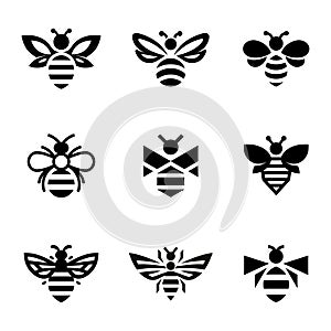 Illustraition of cute flat bee icons set, black white