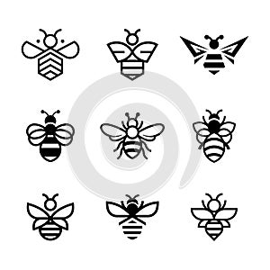 Illustraition of cute flat bee icons set, black white